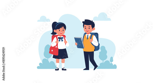 Happy Students in School Uniform. Boy and Girl with Backpacks Ready for Class. Education and Learning Vector Illustration.