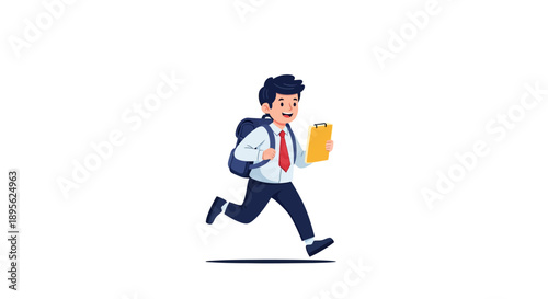 Cheerful Student Boy in Uniform Running Fast with Backpack and Clipboard. Flat Vector Illustration of Busy Kid Rushing to School or Work.