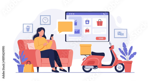 Mobile E-commerce and Fast Delivery Service. Woman Shopping Online on Smartphone, Waiting for Scooter Home Delivery.