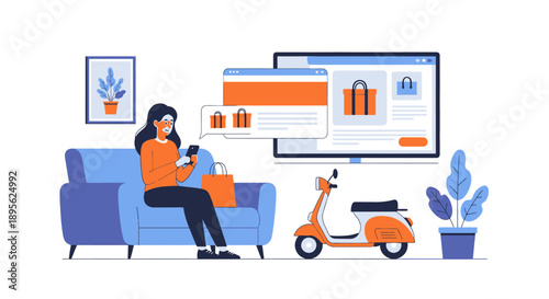 Online Shopping and Fast Home Delivery Concept. Woman buys goods using smartphone while sitting on couch, waiting for scooter courier shipment.