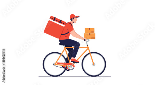 Delivery Man Riding Bicycle with Food Backpack and Packages. Courier Service, Express Urban Logistics, E-commerce Shipping Vector Illustration.