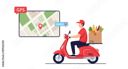Grocery Delivery Scooter Courier with GPS Map Tracking. Food Shipping E-commerce Logistics Service Concept.
