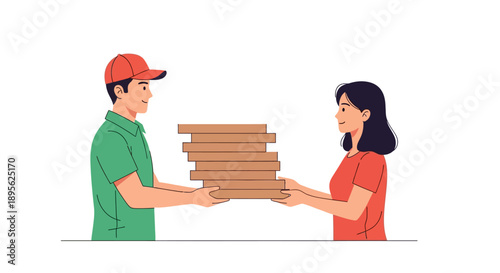 Courier Delivering Large Stack of Pizza Boxes to Customer. Flat Vector Illustration of Food Delivery Service and Takeout Transaction on White Background.