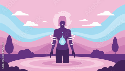 A figure with water, in layered landscape, evokes serenity