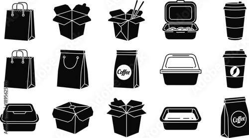 Packaging and takeaway icon set, shopping bags, boxes, food containers, coffee cups, ecommerce retail packaging, black vector illustration