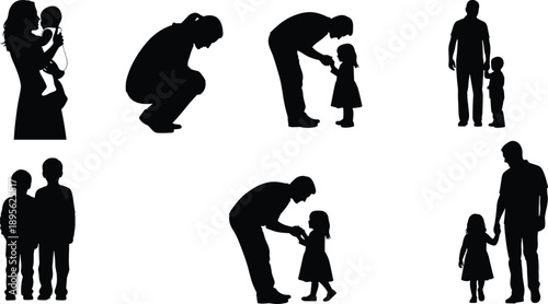 Parent and child silhouettes set, family moments showing love care and bonding, mother father with kids illustration isolated on white background