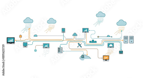 Cloud Computing Network Diagram: Global Data Flow, Digital Binary Infrastructure Map connecting Servers, IoT Devices, and Data Transmission Systems.