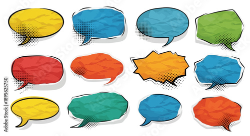 Colored speech bubbles cut out of crumpled paper elements set. Dotted modern retro urban magazine style pop art dialogue balloons. Social media clip art, vector illustration for mixed media design