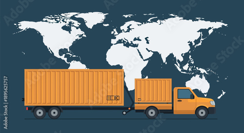 Worldwide Logistics Truck Transporting Shipping Containers Against Global World Map Background. Flat Vector Illustration of Freight Delivery.