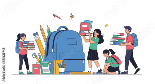 Back to School Concept: Diverse Students Loading Books and Supplies into a Giant Backpack Illustration