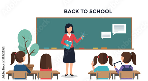 Back to School Education Illustration. Female Teacher Teaching Students in Classroom with Blackboard. Learning and Knowledge Concept.