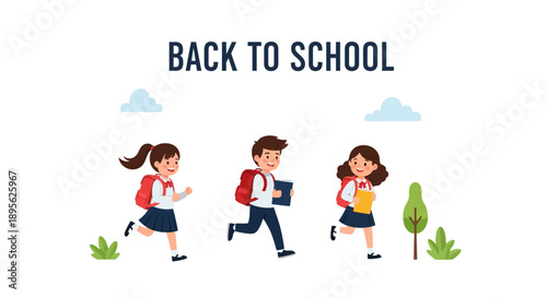 Happy Diverse School Children Running with Backpacks and Books. Back to School Flat Vector Illustration Banner on White Background.