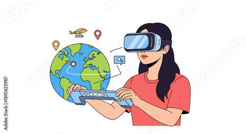 VR Travel Planning and Tourism Illustration. Woman wearing a Virtual Reality headset interacts with a global map, navigation pins, and flight routes.