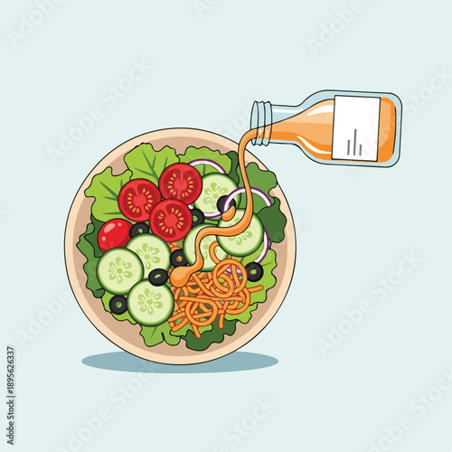 A healthy salad with vegetables and dressing being poured from a bottle