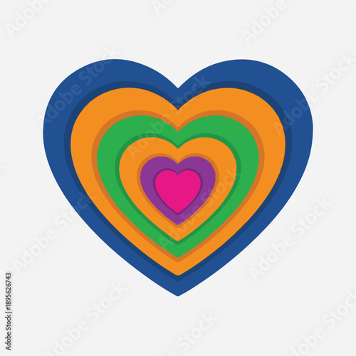 A layered, colorful heart graphic with a series of nested hearts