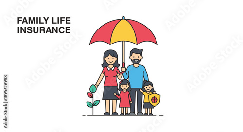 Family Life Insurance Concept: Parents and Children Protected by Umbrella and Shield. Financial Security, Coverage, and Future Planning Illustration.