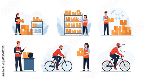 Logistics and Delivery Vector Set. Warehouse workers, managers, and bicycle couriers handle inventory, shipping, and e-commerce fulfillment processes.