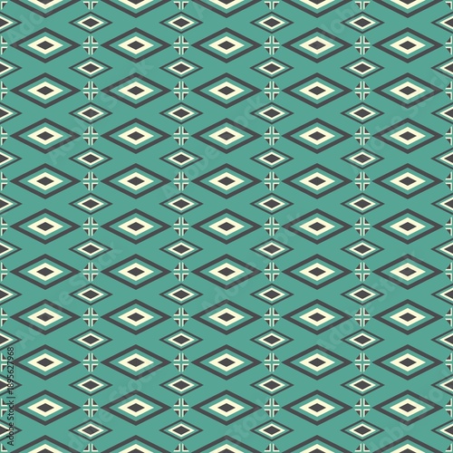 Geometric pattern with diamonds in green, yellow, brown, and white on a light green background.