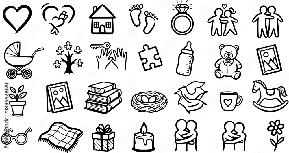 Fototapeta premium Hand-drawn Black and White Line Art Vector Icon Set Illustrating Family, Love, Home, Relationships, and Childhood Concepts