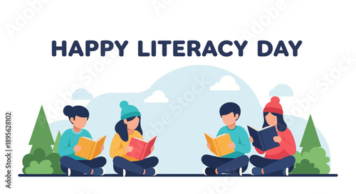 International Literacy Day Banner. Diverse Group of Young People Reading Books Outdoors. Education and Knowledge Vector Illustration