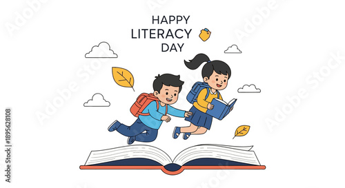 Happy Literacy Day Illustration. Joyful young students flying above an open book, promoting reading, learning, knowledge, and education concept on white background.