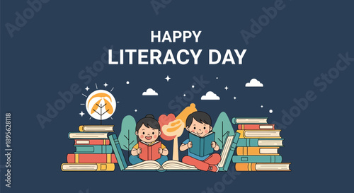 Happy Literacy Day: Vector Illustration of Children Reading Books and Learning. Global Education and Knowledge Concept Banner.
