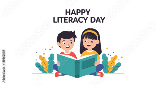 Happy Literacy Day Vector Banner: Cute Cartoon Boy and Girl Sharing a Book, Celebrating Education and Reading Skills
