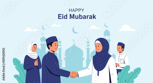Happy Eid Mubarak Celebration Banner. Muslim family and friends shaking hands, greeting, and honoring Islamic religious festival.