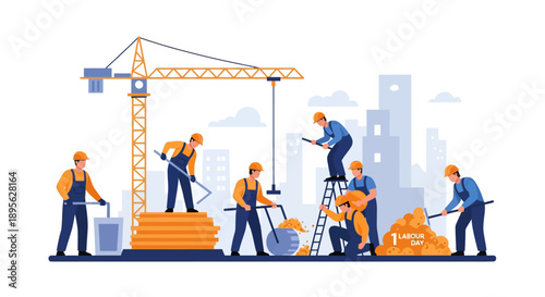 Happy Labour Day: Construction Team Working on Building Site with Crane. Industry, Development, and Hard Work Vector Illustration.