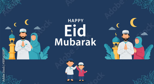 Happy Eid Mubarak Vector Illustration: Muslim Family Greeting Design for Islamic Holiday Celebration and Ramadan Festival