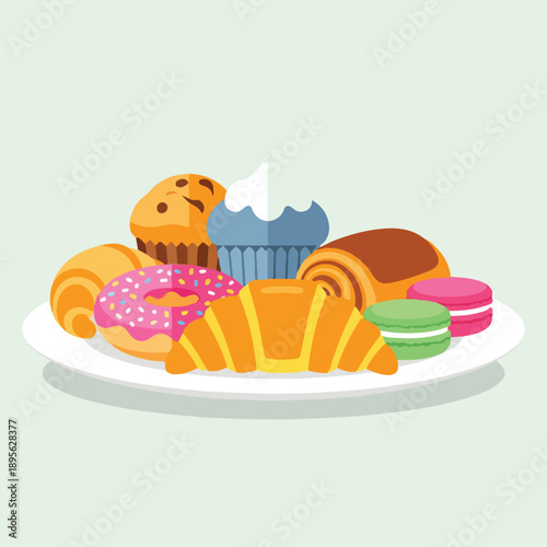 A plate of various baked goods, cartoon style, pastel colors