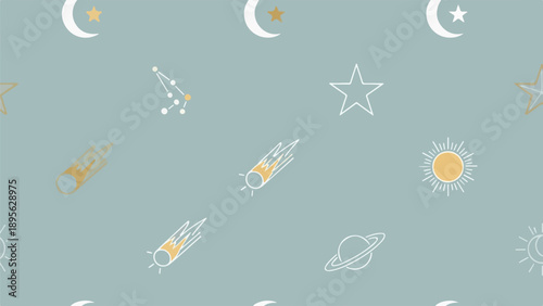 A repeating pattern featuring various celestial body illustrations
