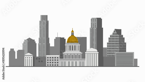 Austin skyline vector illustration featuring Texas State Capitol with gold dome. Flat grey cityscape background. USA downtown architecture and travel landmark concept.