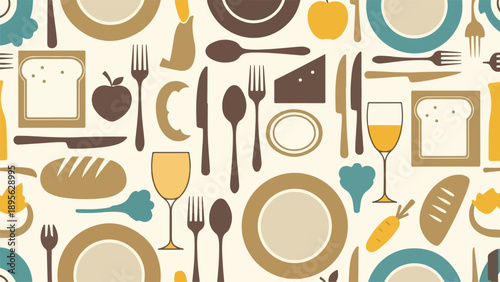 A repeating pattern featuring various dining utensils and food items