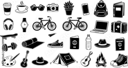 Hand-drawn Black and White Line Art Icon Set for Lifestyle, Travel, and Hobbies. Collection of Everyday Objects and Leisure Essentials.