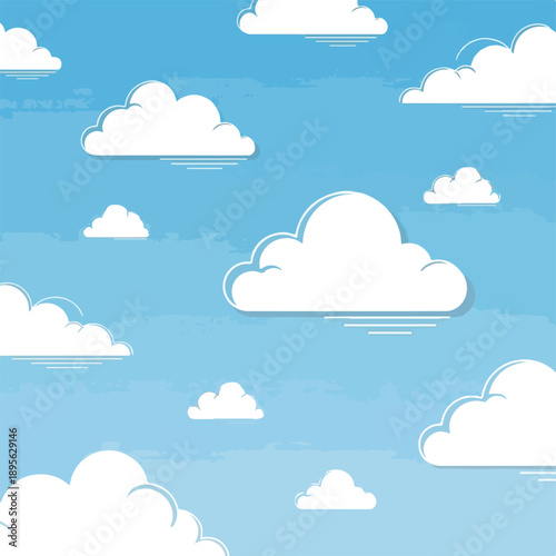 A seamless illustration depicting fluffy white clouds in a bright blue sky