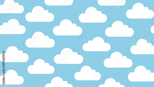 A seamless illustration features fluffy white clouds on a light blue backdrop
