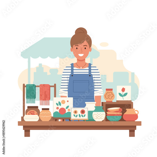 A smiling artisan stands behind a table displaying her handmade crafts at a market