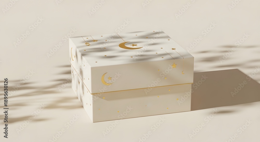 Fototapeta premium Minimalist white ramadan gift box decorated with golden crescent moon and stars patterns on cream background with leaf shadows for festive celebration