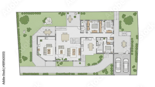 Detailed Architectural Floor Plan of a Modern Luxury Family Home with Garden and Garage Layout