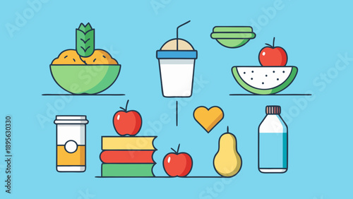 Balanced Healthy Diet Flat Icons, Flat minimalist icon set of balanced healthy diet foods and drinks, 10 vector icons perfect for wellness apps, blogs, menus, and health campaigns.