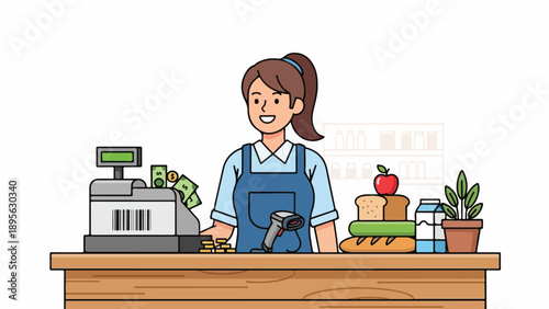 A smiling clerk stands behind a counter, next to food and a cash register