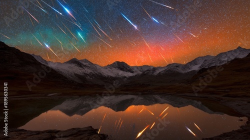 meteor. Night sky ablaze with electric blue and fiery orange meteor trails mirrored in a tranquil lake. travel magazines, destination branding, designed for outdoor magazines and nature guides.
