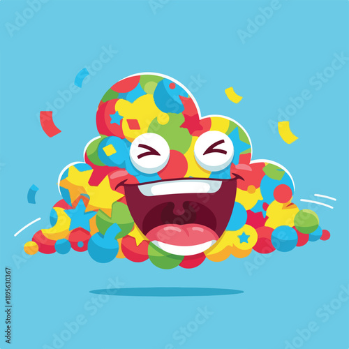 A smiling, cloud-shaped character with confetti and various shapes