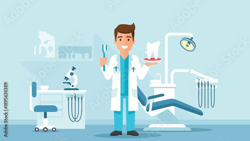 A smiling dentist holds tools and a tooth in a dental office
