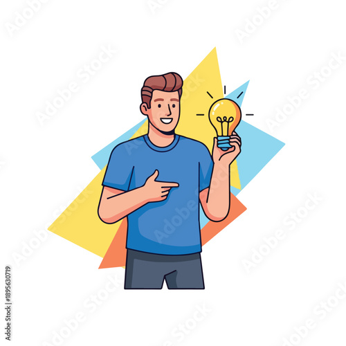 A smiling man holds a glowing lightbulb, pointing with excitement