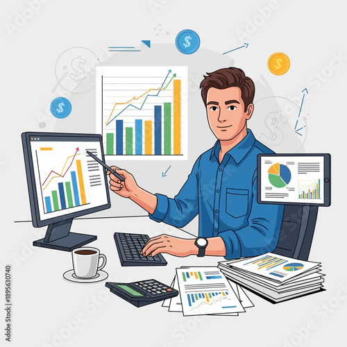 Businessman analyzing financial charts on computer screen