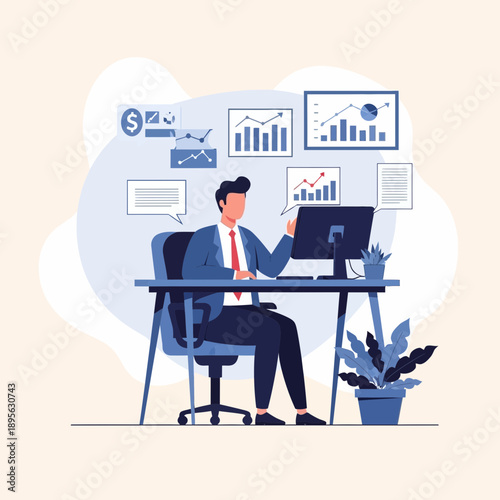 Businessman analyzing financial charts on computer at desk