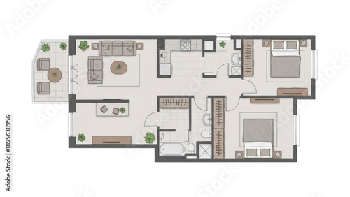Modern Apartment Floor Plan with Two Bedrooms and Balcony
