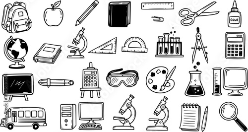 Black and White Line Art Icons of School Supplies and Scientific Equipment on White Background